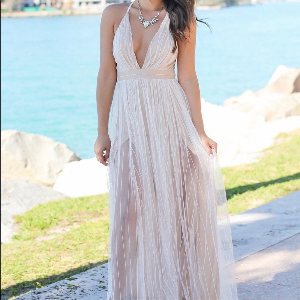 NWT White Tulle Maxi Dress in Nude White